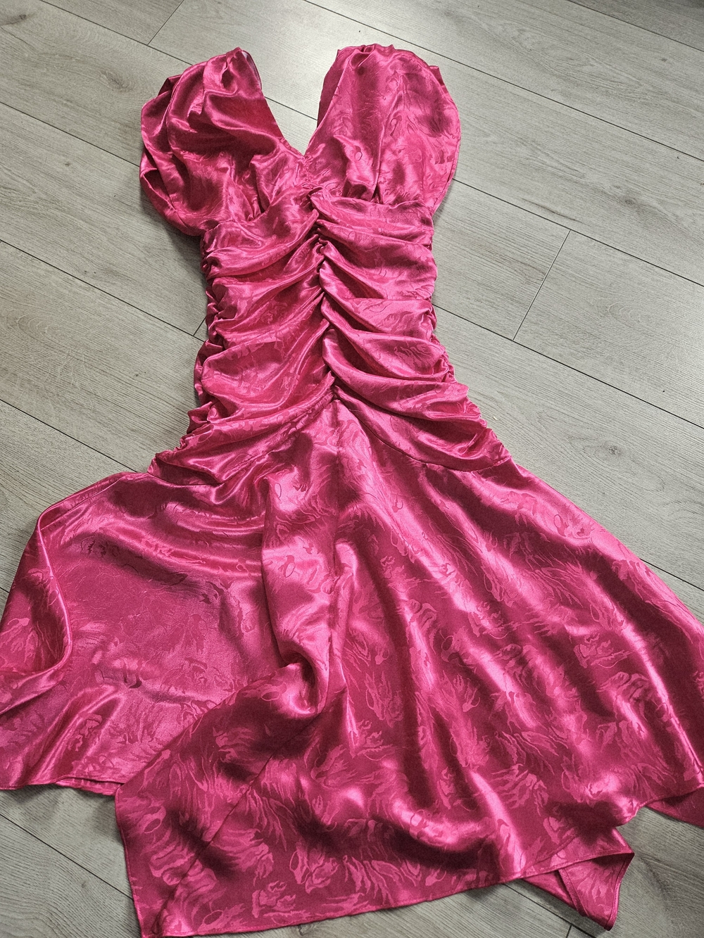 VINTAGE Smart Set Fuchsia Pink Satin Ruched Midi Dress Puff Sleeve Cocktail Even